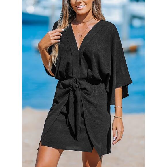 Cupshe Other - CUPSHE Women's V Neck 3/4 Kimono Sleeve Self Tie Pleated XL